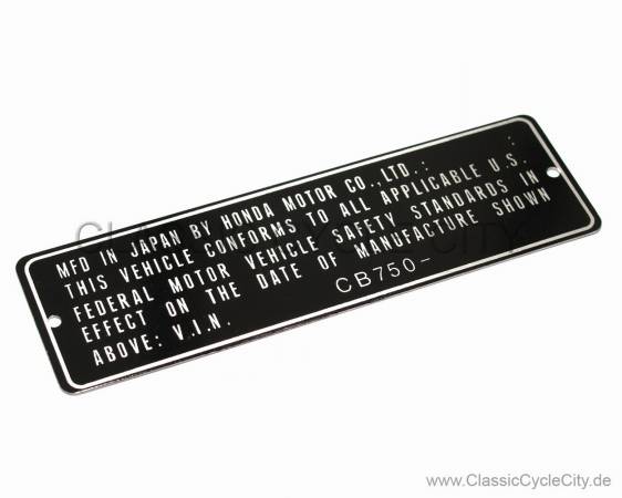 Honda CB 750 Four K0-K6 Typenschild USA (VIN PLATE TYPE REGISTERED) Aluminium