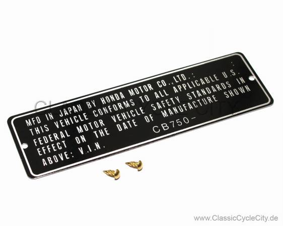 Honda CB 750 Four K0-K6 Typenschild USA (VIN PLATE TYPE REGISTERED) Aluminium + zwei Nieten