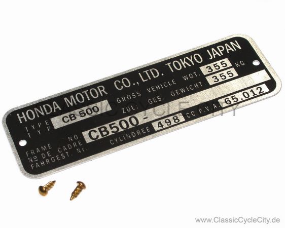 Honda CB 500 Four K0-K2 Typenschild (VIN PLATE TYPE REGISTERED) Aluminium + zwei Nieten