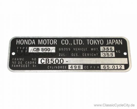 Honda CB 500 Four K0-K2 Typenschild (VIN PLATE TYPE REGISTERED) Aluminium