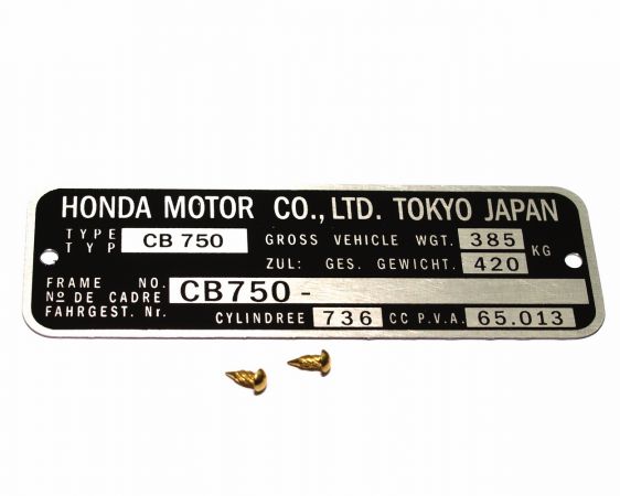 Honda CB 750 Four K0-K6 Typenschild (VIN PLATE TYPE REGISTERED) Aluminium + zwei Nieten