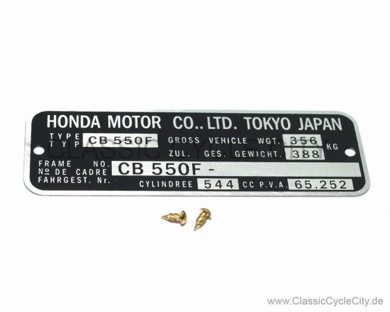 Honda CB 550 Four F-F2 Typenschild (VIN PLATE TYPE REGISTERED) Aluminium + zwei Nieten