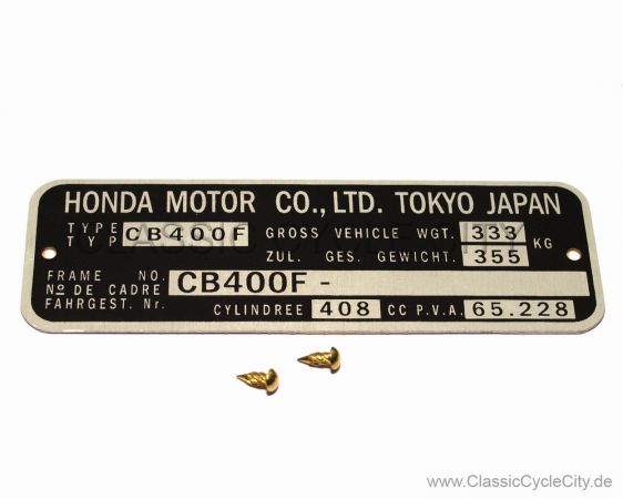 Honda CB 400 Four F-F2 Typenschild (VIN PLATE TYPE REGISTERED) Aluminium + zwei Nieten