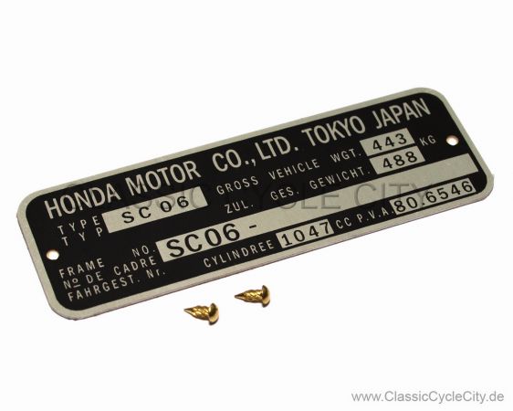 Honda CBX 1000 B C SC06 Pro-Link Typenschild (VIN PLATE TYPE REGISTERED) Aluminium + zwei Nieten