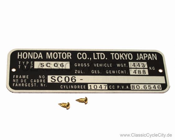 Honda CBX 1000 B C SC06 Pro-Link Typenschild (VIN PLATE TYPE REGISTERED) Aluminium + zwei Nieten