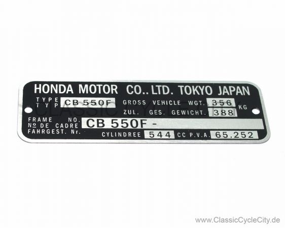 Honda CB 550 Four F-F2 Typenschild (VIN PLATE TYPE REGISTERED) Aluminium