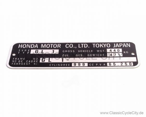 Honda GL 1000 Goldwing GL1 Typenschild (VIN PLATE TYPE REGISTERED) Aluminium