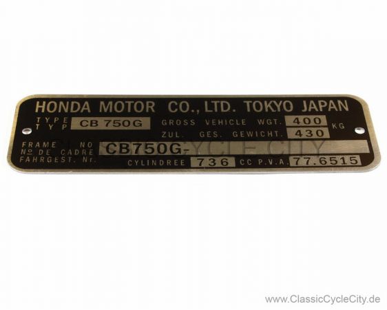 Honda CB 750 Four F2 Typenschild (VIN PLATE TYPE REGISTERED) Aluminium