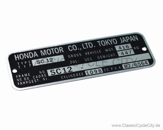 Honda VF 1100 C Custom SC12 Typenschild (VIN PLATE TYPE REGISTERED) Aluminium