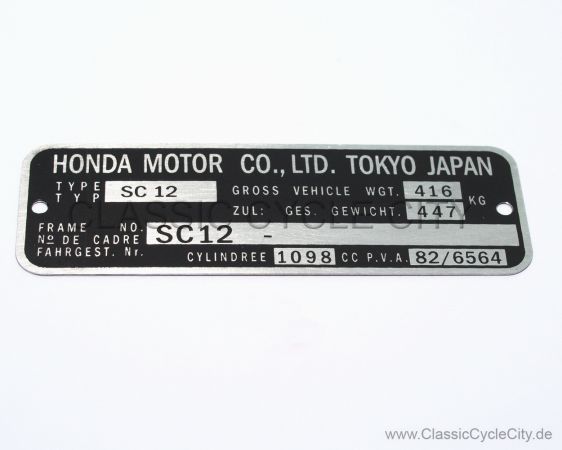 Honda VF 1100 C Custom SC12 Typenschild (VIN PLATE TYPE REGISTERED) Aluminium
