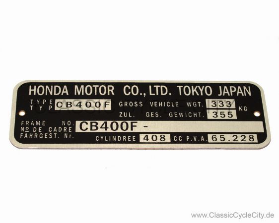 Honda CB 400 Four F-F2 Typenschild (VIN PLATE TYPE REGISTERED) Aluminium