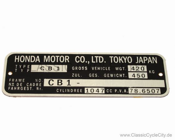 Honda CBX 1000 CB1 Typenschild (VIN PLATE TYPE REGISTERED) Aluminium