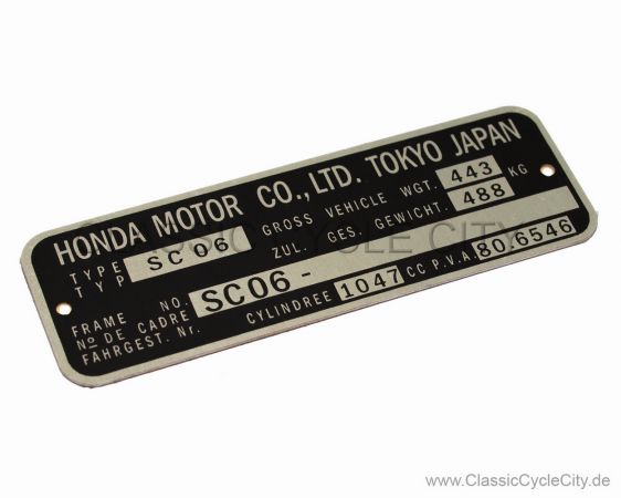 Honda CBX1000 B C SC06 Pro-Link Registration Plate / VIN PLATE TYPE REGISTERED Aluminum