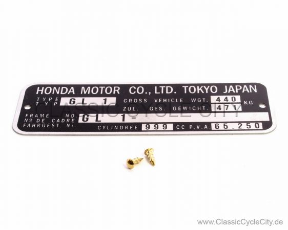 Honda GL 1000 Goldwing GL1 Typenschild (VIN PLATE TYPE REGISTERED) Aluminium + zwei Nieten
