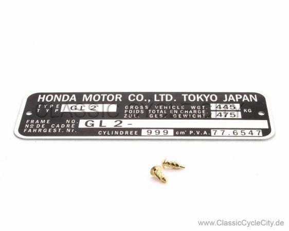 Honda GL 1000 Goldwing GL2 Typenschild (VIN PLATE TYPE REGISTERED) Aluminium + zwei Nieten