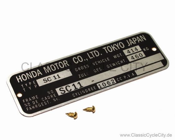 Honda CB 1100F SC11 Typenschild (VIN PLATE TYPE REGISTERED) Aluminium + zwei Nieten