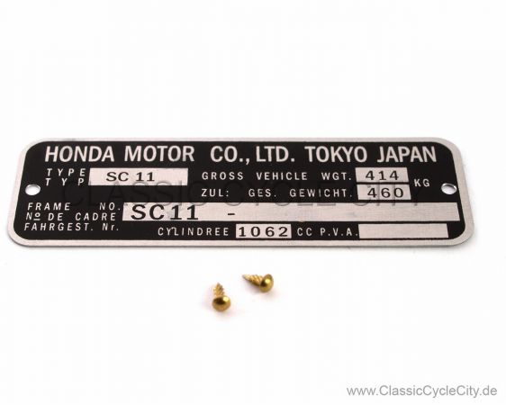 Honda CB 1100F SC11 Typenschild (VIN PLATE TYPE REGISTERED) Aluminium + zwei Nieten