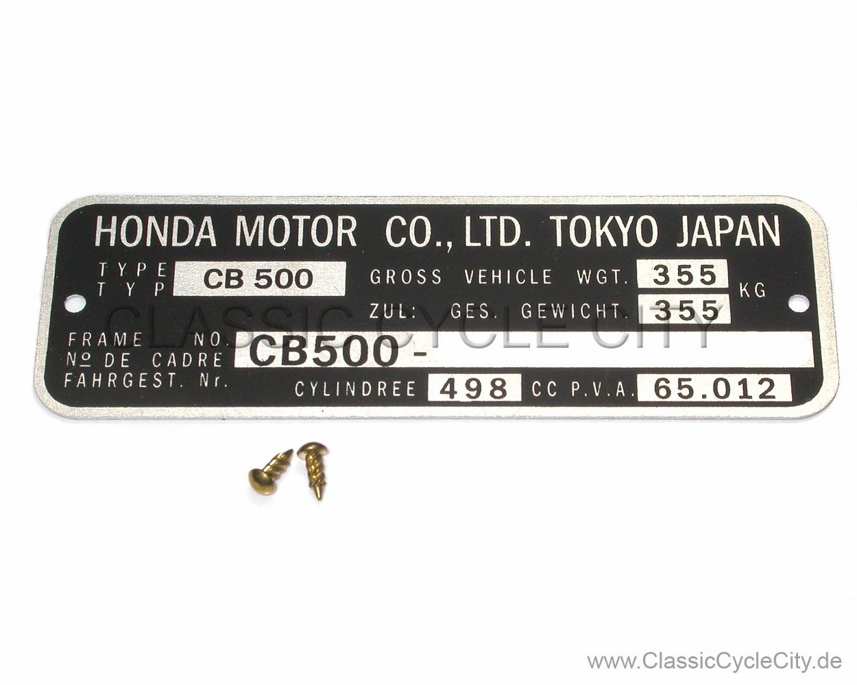 Honda CB 500 Four K0-K2 Typenschild (VIN PLATE TYPE REGISTERED) Aluminium + zwei Nieten