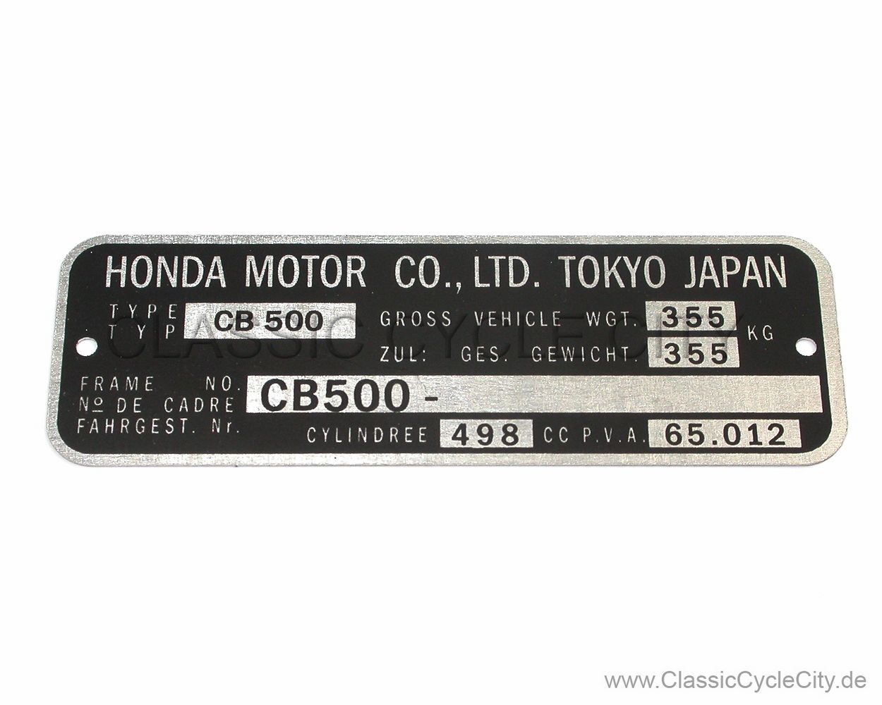 Honda CB 500 Four K0-K2 Typenschild (VIN PLATE TYPE REGISTERED) Aluminium