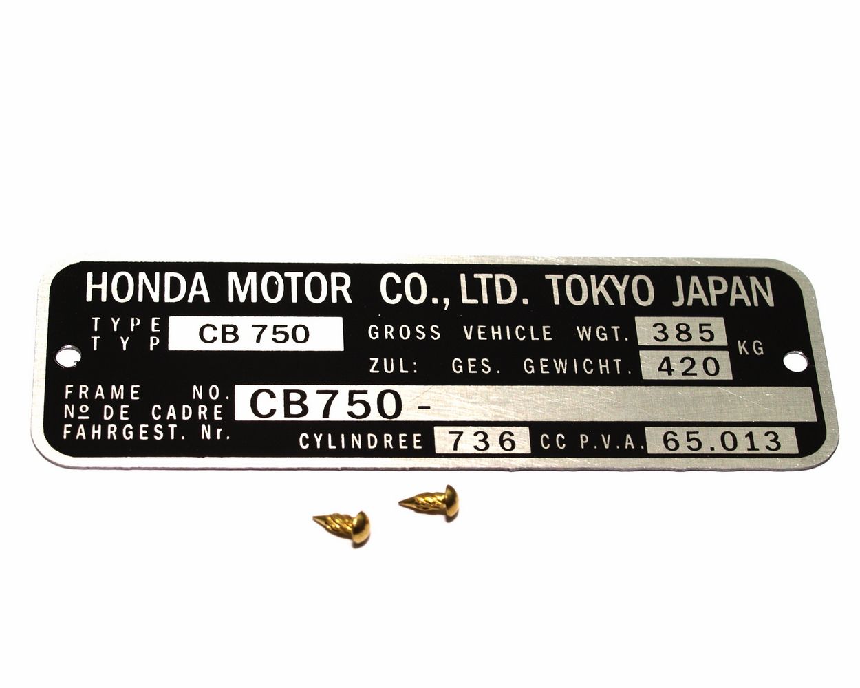 Honda CB 750 Four K0-K6 Typenschild (VIN PLATE TYPE REGISTERED) Aluminium + zwei Nieten