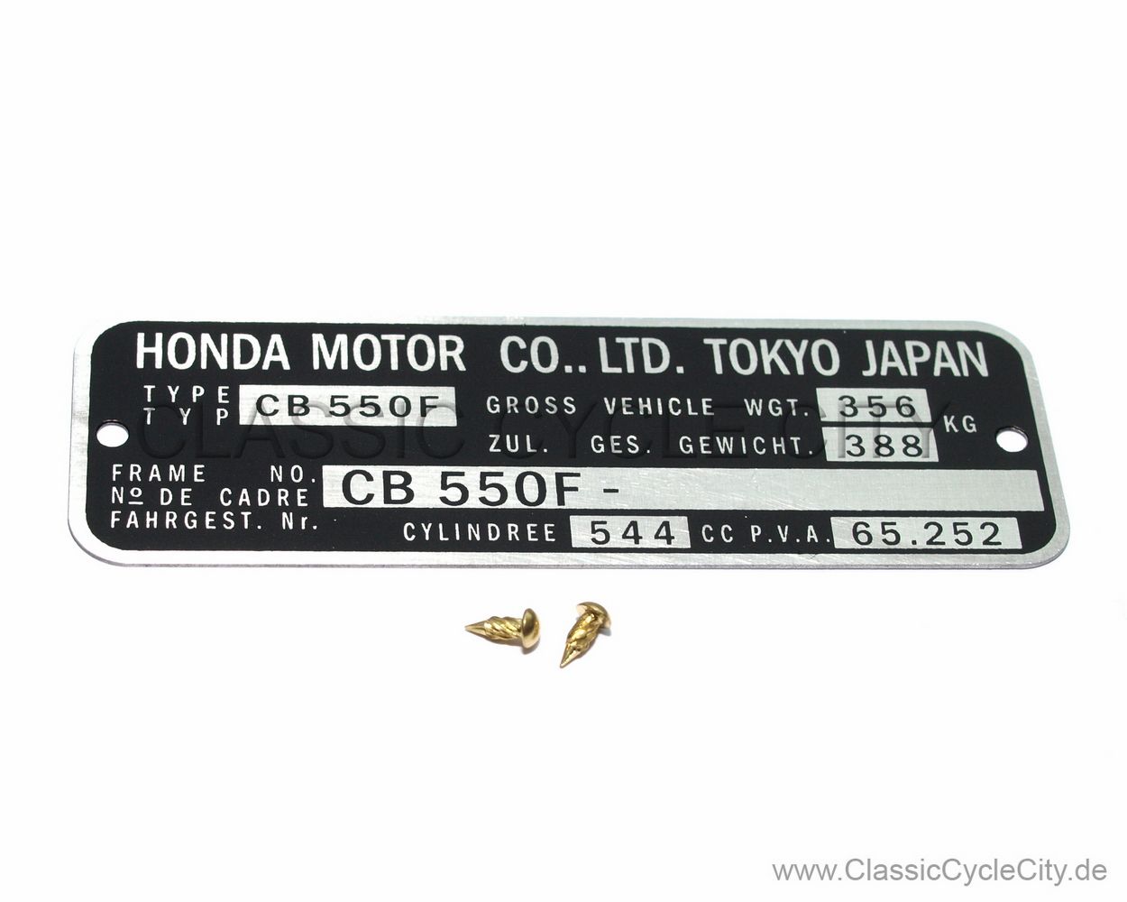 Honda CB 550 Four F-F2 Typenschild (VIN PLATE TYPE REGISTERED) Aluminium + zwei Nieten
