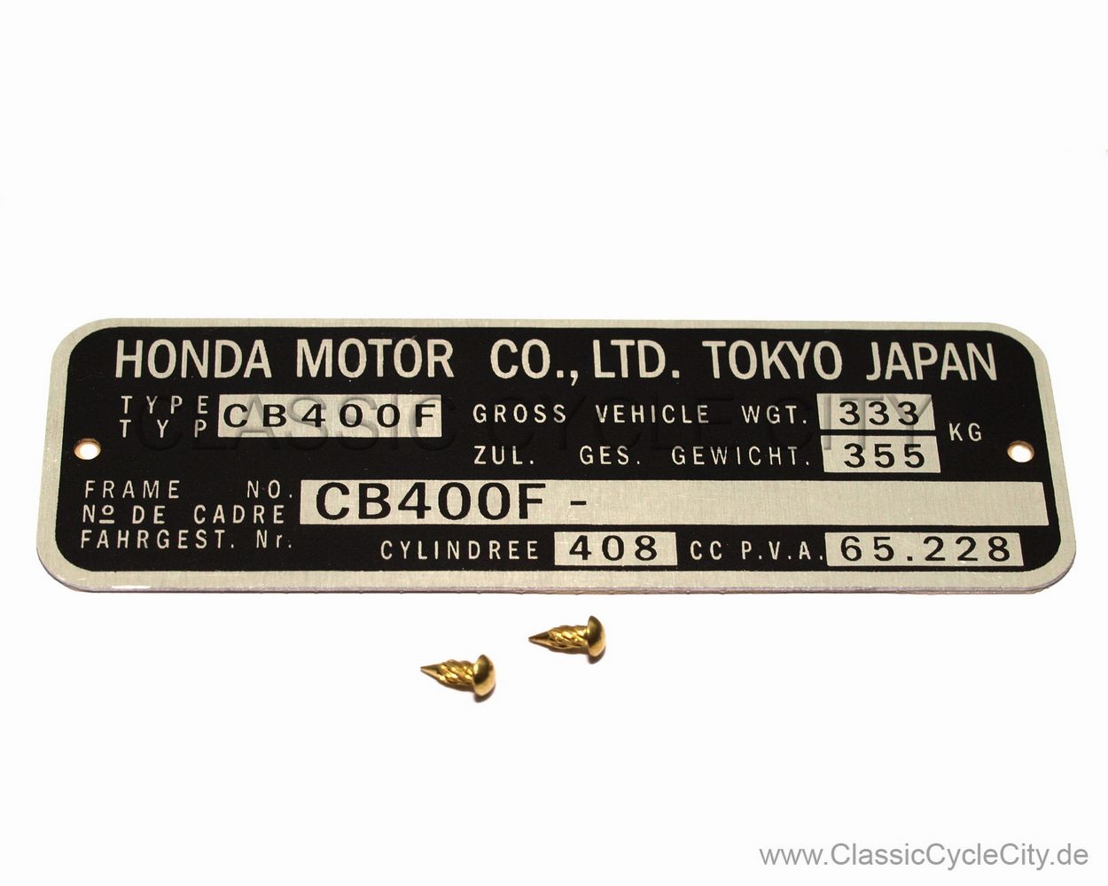 Honda CB 400 Four F-F2 Typenschild (VIN PLATE TYPE REGISTERED) Aluminium + zwei Nieten