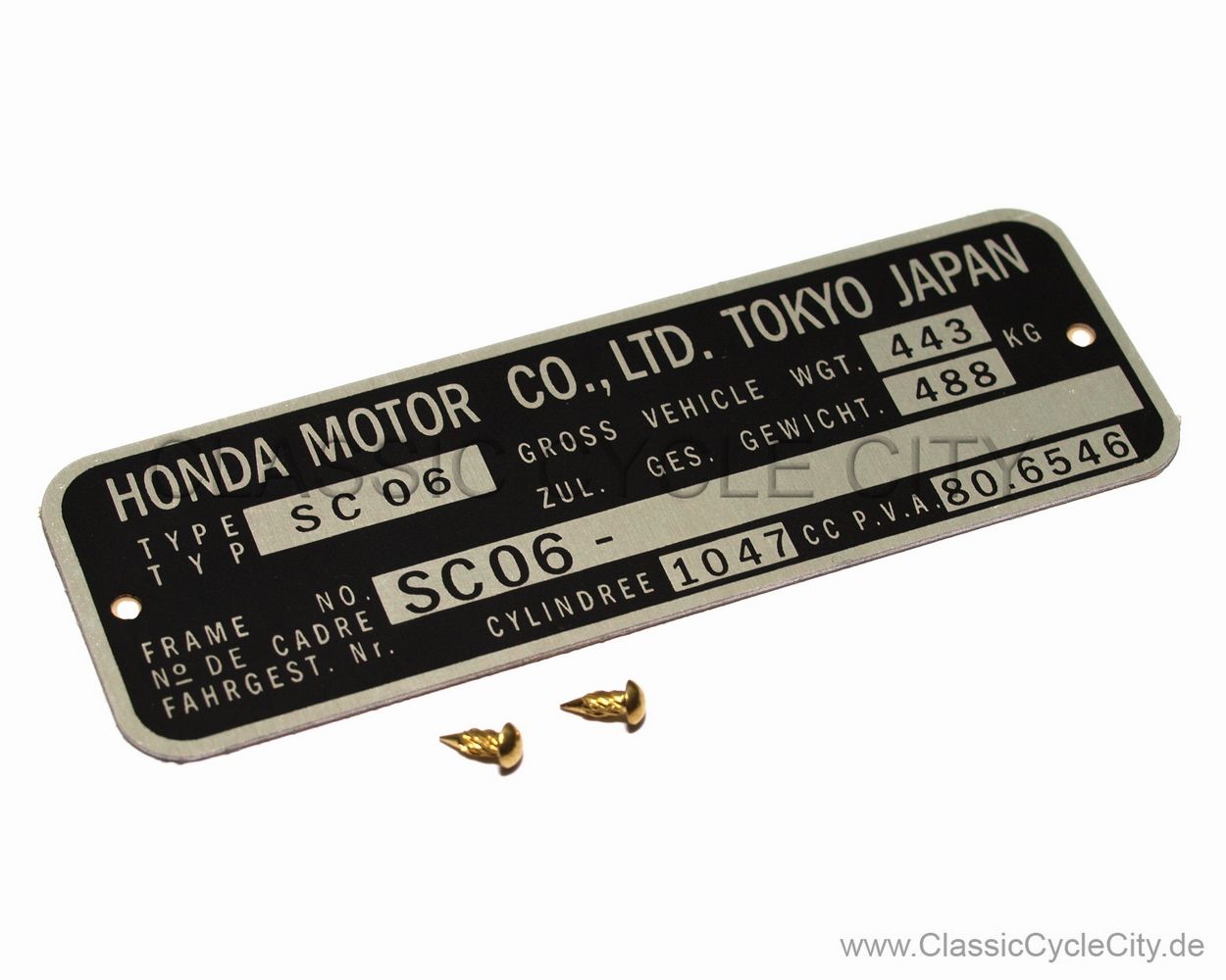 Honda CBX 1000 B C SC06 Pro-Link Typenschild (VIN PLATE TYPE REGISTERED) Aluminium + zwei Nieten