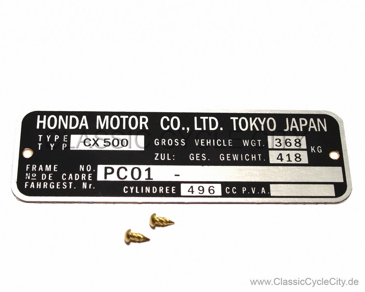 Honda CX 500C Custom PC01 Typenschild (VIN PLATE TYPE REGISTERED) Aluminium + zwei Nieten