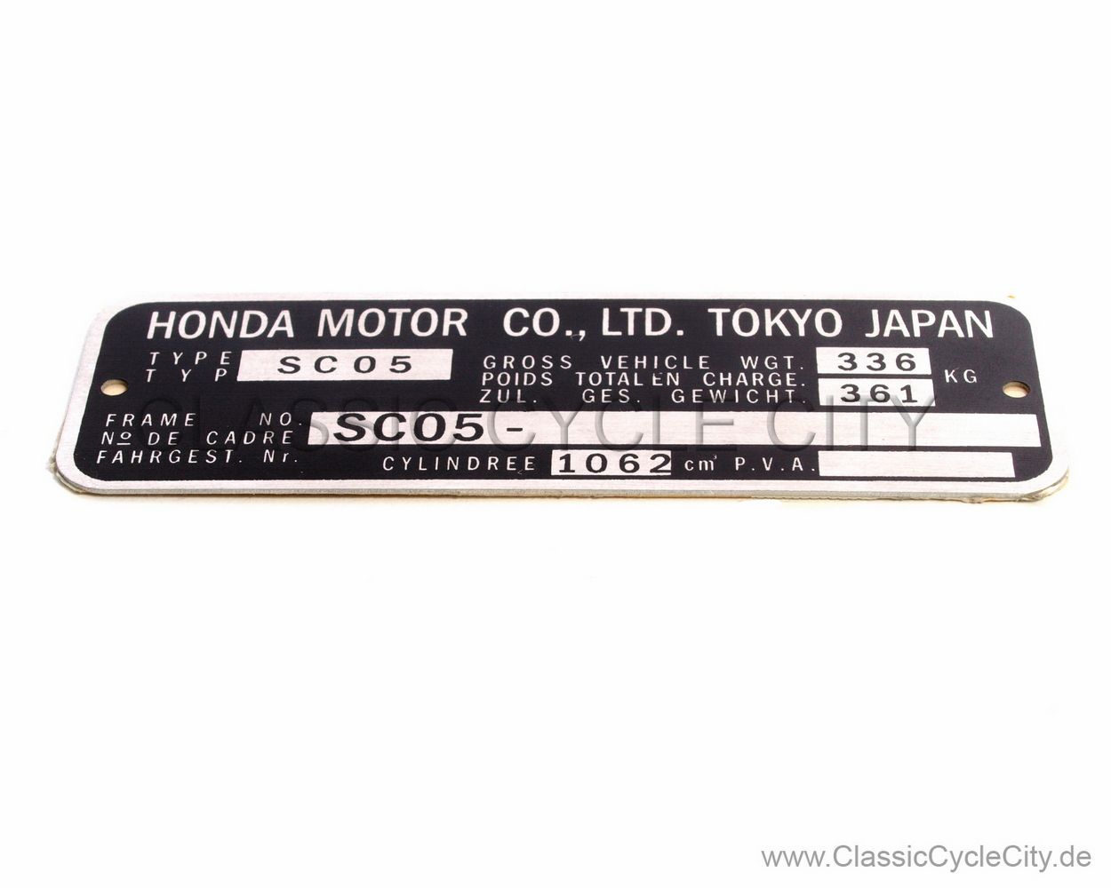 Honda CB 1100R SC05 Typenschild (VIN PLATE TYPE REGISTERED) Aluminium