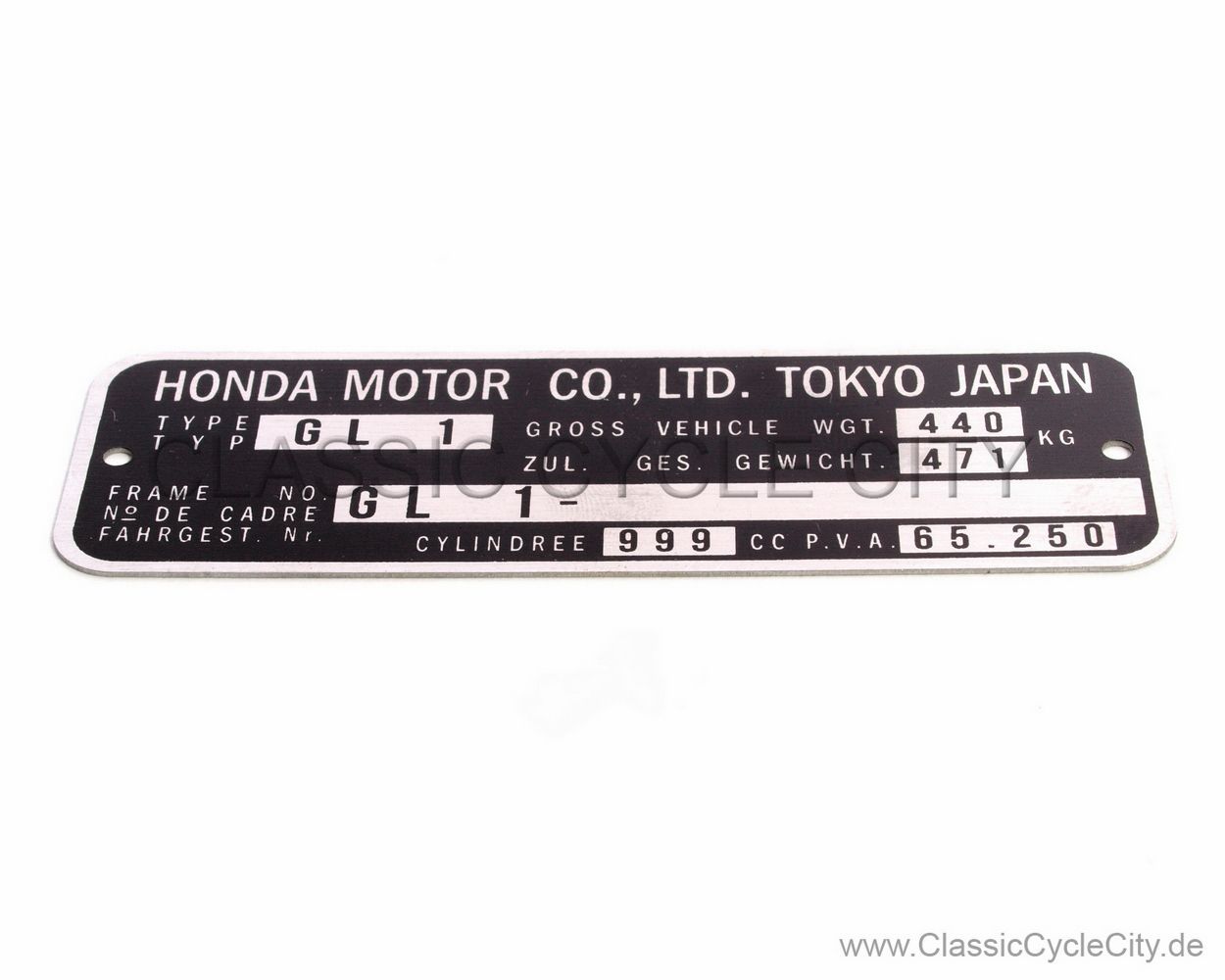 Honda GL 1000 Goldwing GL1 Typenschild (VIN PLATE TYPE REGISTERED) Aluminium