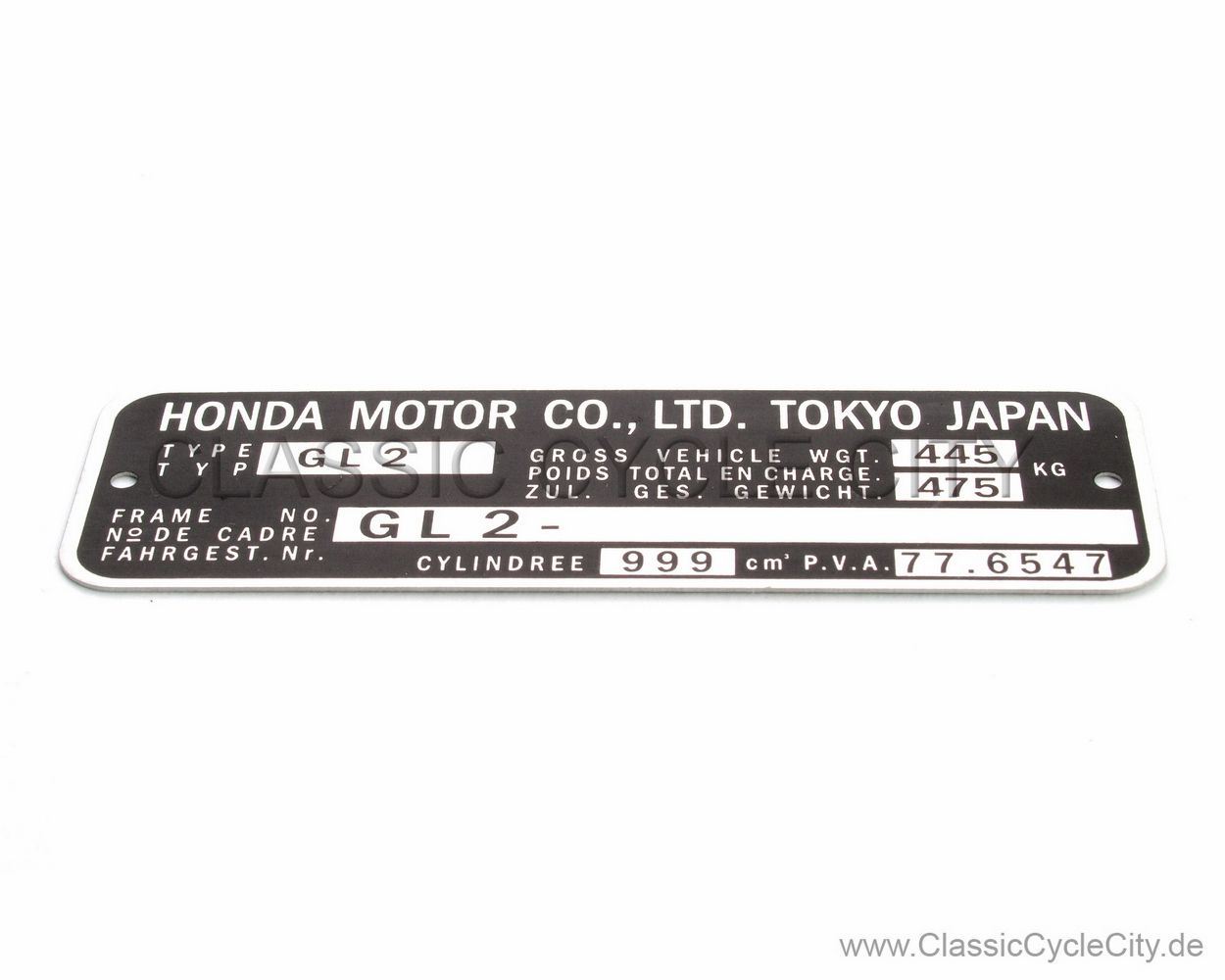 Honda GL 1000 Goldwing GL2 Typenschild (VIN PLATE TYPE REGISTERED) Aluminium