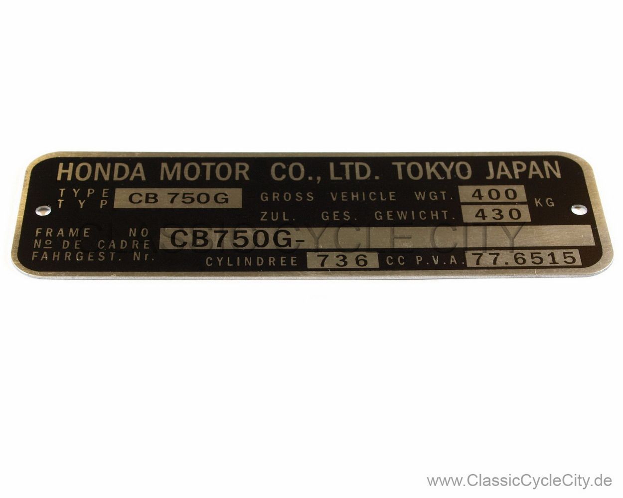 Honda CB 750 Four F2 Typenschild (VIN PLATE TYPE REGISTERED) Aluminium