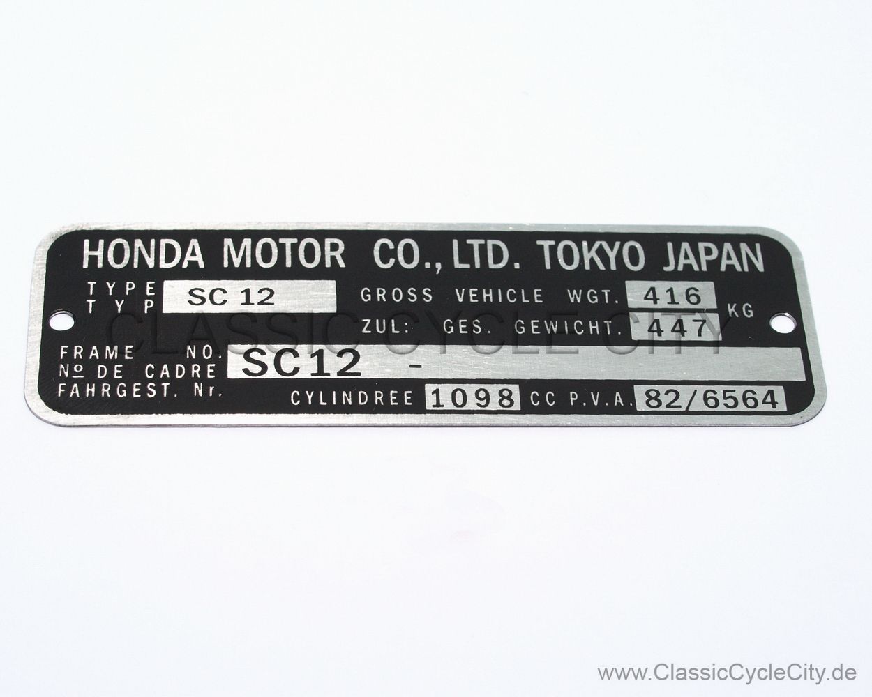 Honda VF 1100 C Custom SC12 Typenschild (VIN PLATE TYPE REGISTERED) Aluminium