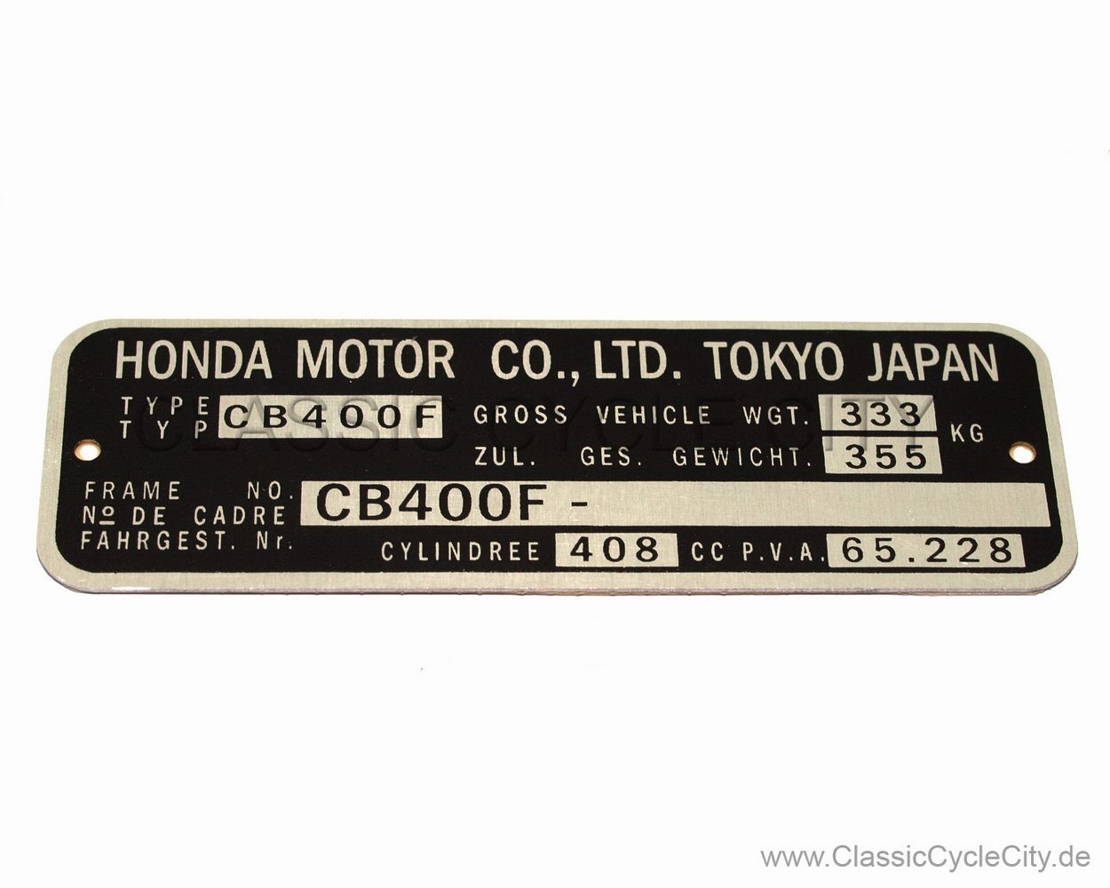 Honda CB 400 Four F-F2 Typenschild (VIN PLATE TYPE REGISTERED) Aluminium