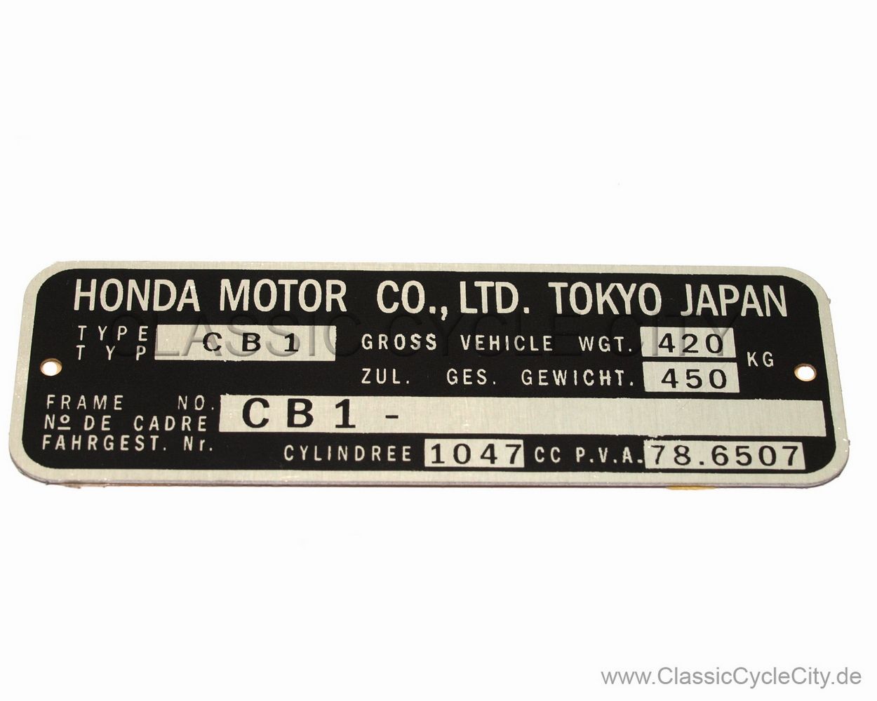 Honda CBX 1000 CB1 Typenschild (VIN PLATE TYPE REGISTERED) Aluminium