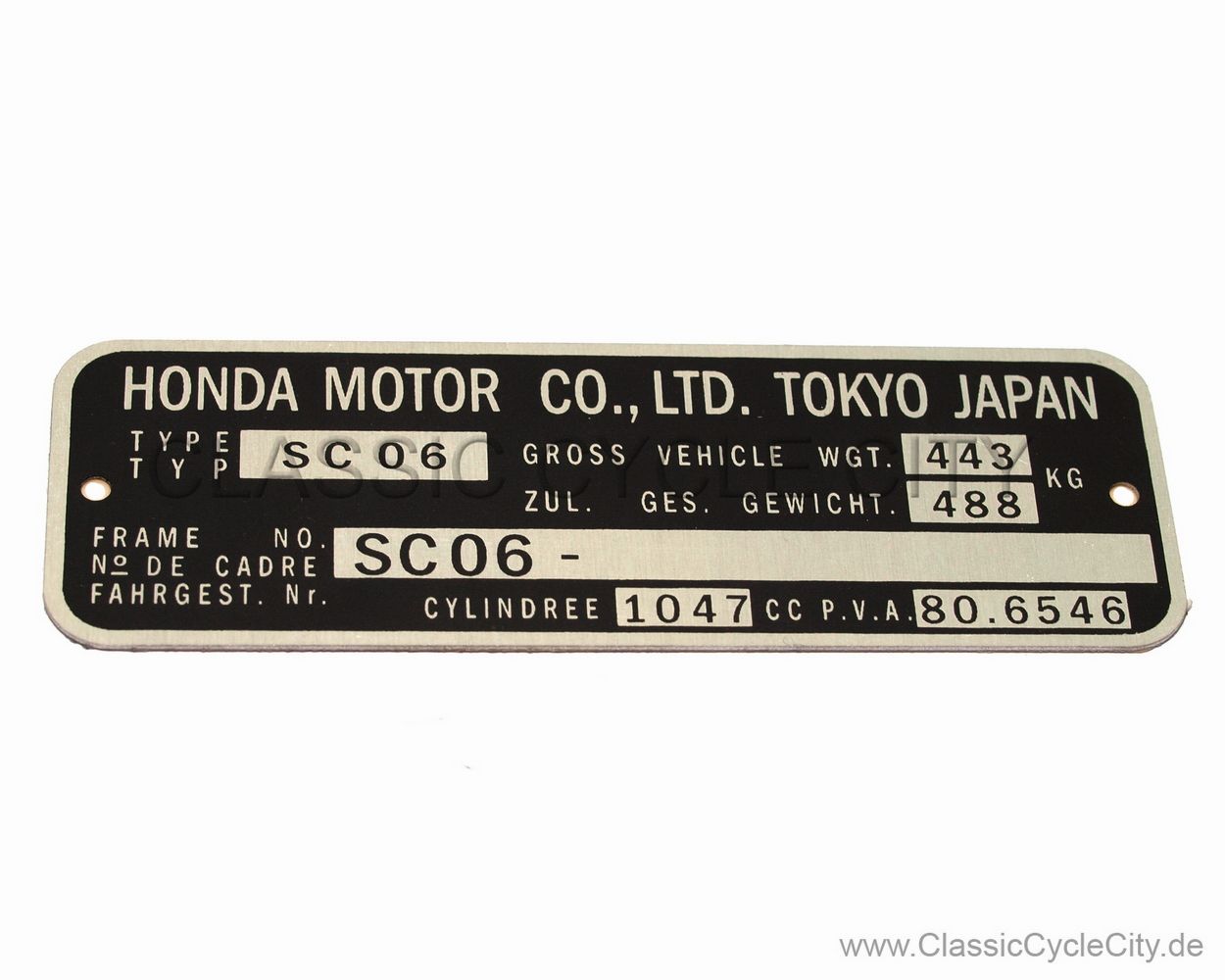 Honda CBX1000 B C SC06 Pro-Link Registration Plate / VIN PLATE TYPE REGISTERED Aluminum