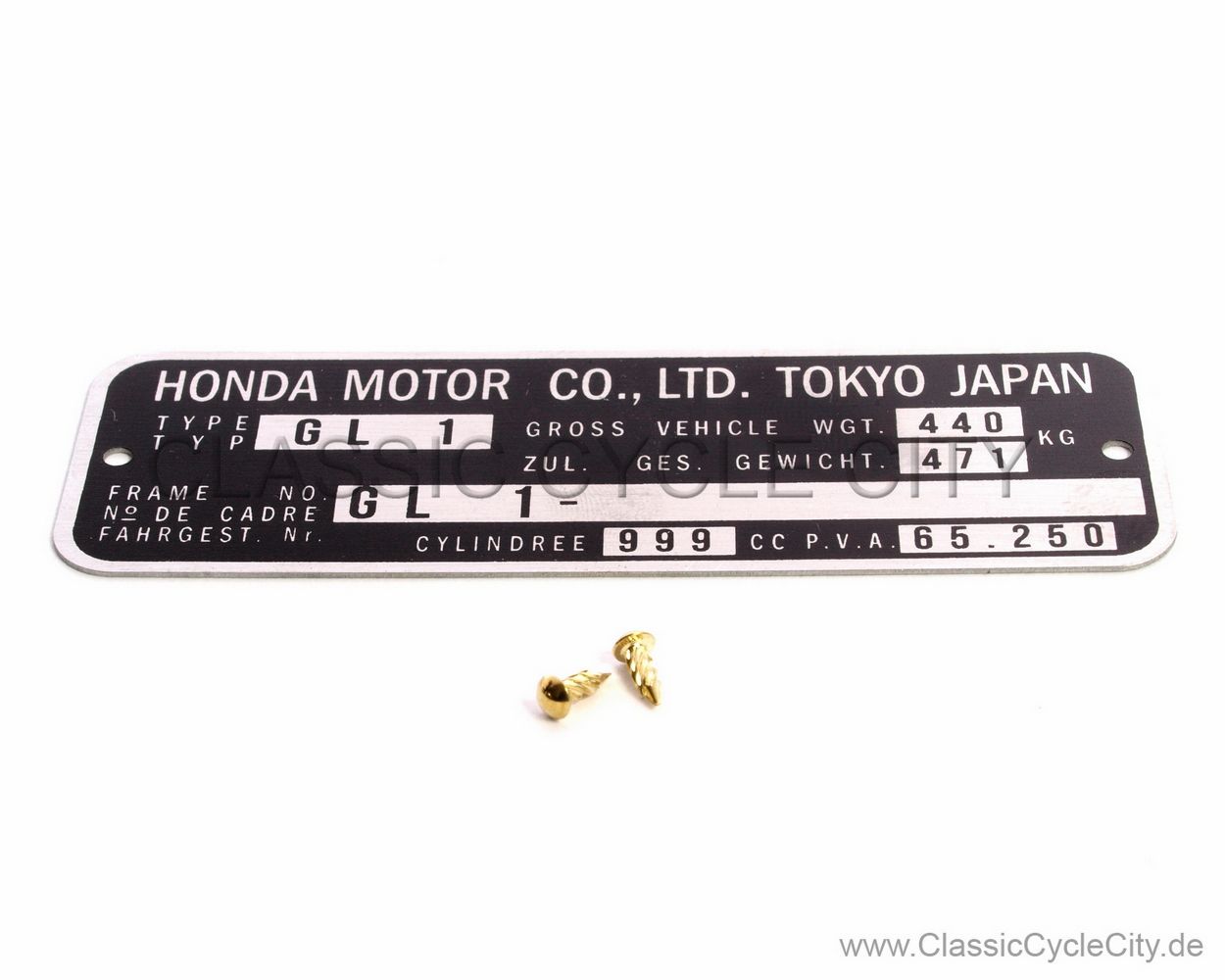 Honda GL 1000 Goldwing GL1 Typenschild (VIN PLATE TYPE REGISTERED) Aluminium + zwei Nieten