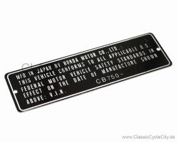Honda CB 750 Four K0-K6 Typenschild USA (VIN PLATE TYPE REGISTERED) Aluminium # CCC-1009