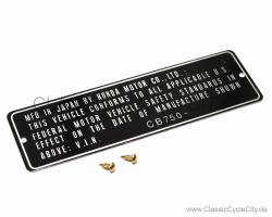 Honda CB 750 Four K0-K6 Typenschild USA (VIN PLATE TYPE REGISTERED) Aluminium + zwei Nieten # CCC-1008