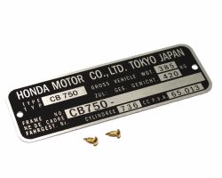 Honda CB 750 Four K0-K6 Typenschild (VIN PLATE TYPE REGISTERED) Aluminium + zwei Nieten # CCC-1001