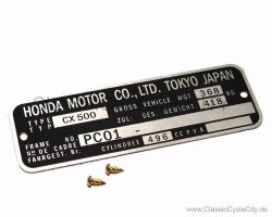 Honda CX 500C Custom PC01 Typenschild (VIN PLATE TYPE REGISTERED) Aluminium + zwei Nieten # CCC-1015