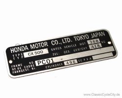 Honda CX 500C Custom PC01 Typenschild (VIN PLATE TYPE REGISTERED) Aluminium # CCC-1016